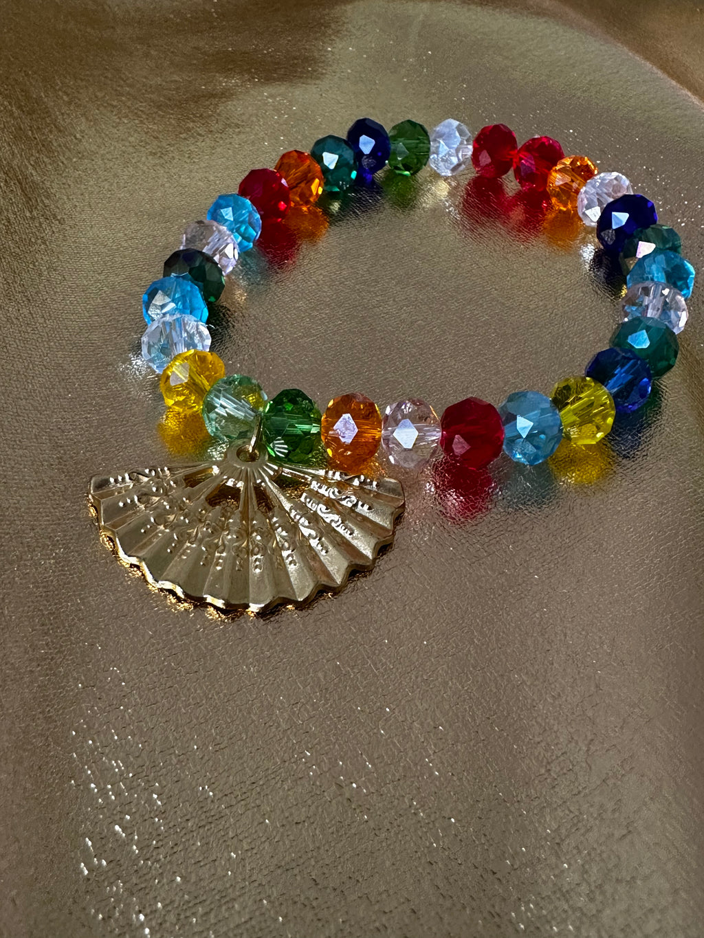 Mystic Rainbow Crystal Fan Bracelet with gold fan charm